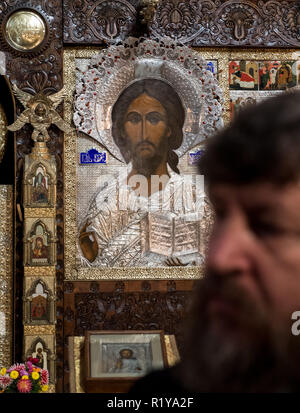 Il 15 novembre 2018, in Sassonia, Lipsia: Arciprete Alexej Tomjuk sorge di fronte all'iconostasi della chiesa russo-ortodossa della chiesa Memoriale di Lipsia. Sono passati tre anni dalla progettazione al completamento del restauro. La domenica, il restaurato opera d'arte sarà inaugurata presso un servizio di chiesa. Il 18 metri e alto dieci metri di larghezza parete iconografico comprende 78 immagini nel culto ed è considerato uno dei più grandi al di fuori della Russia. I costi del progetto ammontano a circa 300.000 di euro e sono stati finanziati dal governo federale, lo stato e le donazioni. La chiesa di Sant'Alessio fu costruito Foto Stock