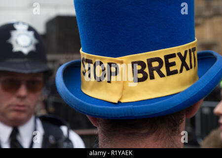 Londra REGNO UNITO.XV Nov 2018. Un anti-Brexit demonstrator fuori le case del Parlamento. Credito: Thabo Jaiyesimi/Alamy Live News Foto Stock