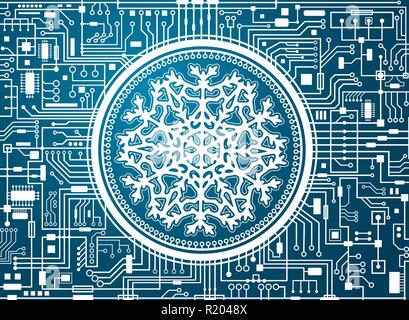 Natale hi-tech sfondo con il simbolo del fiocco di neve Illustrazione Vettoriale