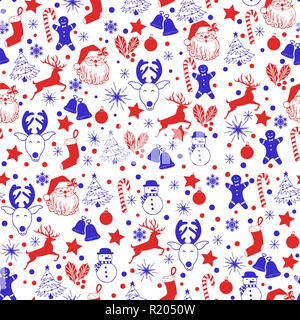 Natale blu senza giunture e schema rosso su sfondo bianco con i cervi, snowman, candy, calza, stella, il simbolo del fiocco di neve vacanza icone, nuovo anno celebrazione eleme Foto Stock