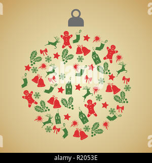 Auguri di Natale carta con palla di Natale con il verde e il rosso decorazione di piccole icone sul gradiente dello sfondo. Foto Stock