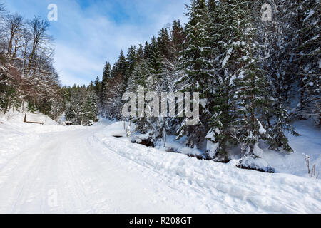 Coperte di neve avvolgimento su strada in salita attraverso la foresta. meravigliose avventure invernali Foto Stock