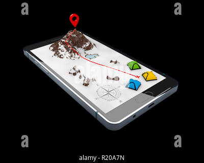 3d illustrazione di smartphone con mobile app di navigazione su schermo. Mappa del percorso con i simboli. Foto Stock