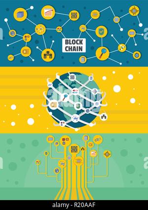 Industria Blockchain miner banner concetto orizzontale impostato. Figura piana di 3 industria blockchain minatore banner vettore concetti orizzontale per il web Illustrazione Vettoriale