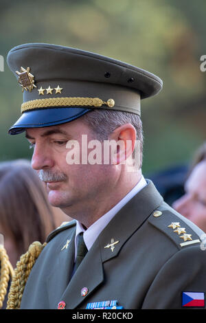 Veterani del giorno di servizio sull'armistizio centenario al Cimitero Americano frequentato da Col Jiri Niedoba dell'Ambasciata della Repubblica ceca Foto Stock