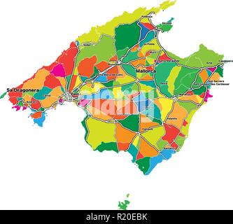 Mappa colorata di Maiorca. Illustrazione Vettoriale modello per l'arte al muro e la commercializzazione in formato quadrato. Illustrazione Vettoriale