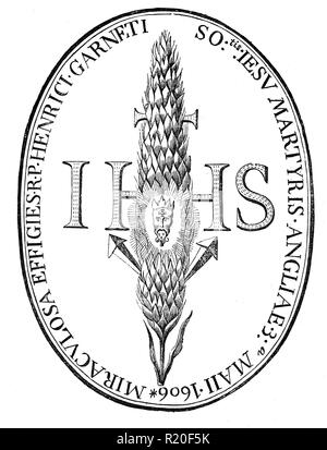 La storia di Garnett's paglia. La mattina del 3 maggio 1606 Padre Henry Garnet è stata eseguita a St Pauls sagrato a Londra. La Stuart competenti determinate biasimare l Ordine dei Gesuiti per la recente complotto di polvere da sparo aveva cacciati giù il fuggitivo sacerdote. Dopo l'esecuzione di un pezzo di sangue tinto la paglia è stata presa come una reliquia da un giovane cattolico in mezzo alla folla. Fu solo più tardi, quando il sangue essiccato sulla paglia che la gente ha notato che la macchia sembrava un volto umano. Su una più stretta ispezione era pensato il viso sembrava di granato. ora un martire. Foto Stock