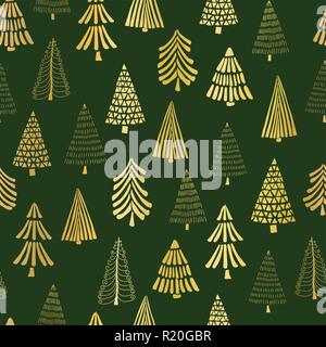 Di lamina di oro doodle alberi di Natale seamless disegno vettoriale sullo sfondo. Lucido metallico alberi d'oro su sfondo verde. Design elegante per Natale e Capodanno, la confezione regalo, invito alla festa, schede pagefill Illustrazione Vettoriale