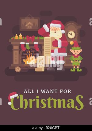 Confuso Santa Claus e elf la lettura di una lunghissima lettera per bambini in una camera accogliente con un camino e un orologio del nonno. Piatto di Natale illustrazione greeti Illustrazione Vettoriale