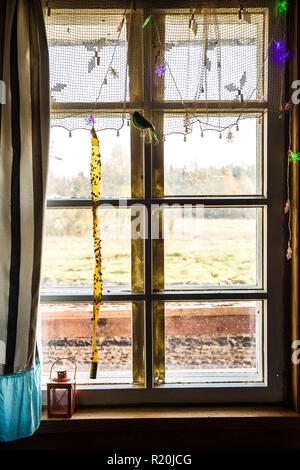 Ampia vista del country house home finestra con flypaper pensili con un sacco di mosche bloccato su di esso. Foto Stock