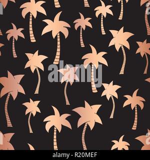 Rosa di vettore di lamina di oro palme sul nero estivo pattern seamless sfondo. Rame metallico foil palme. Elegante design di lusso per vacanza tropicale, biglietto invito, sfondo, Summer Party Illustrazione Vettoriale