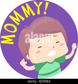 Tipografia colorati illustrazione con un pianto Little Boy chiedendo la sua mamma Foto Stock