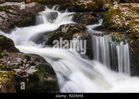 Cascata in un flusso roccioso a Aira Force nel distretto del lago, Inghilterra Foto Stock