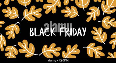 Venerdì nero vendita vettore testo con disegnati a mano bianca e foglie di oro su sfondo nero. Venerdì nero scritte illustrazione. Offerta speciale pubblicità per volantini, poster, striscioni, stampa Illustrazione Vettoriale