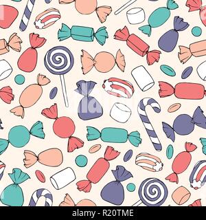 Disegnato a mano caramelle vettore, canne e marshmallows seamless pattern sul sfondo beige. Vacanza meravigliosa decorazione. Illustrazione Vettoriale