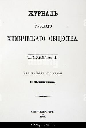 Pagina del titolo del Volume I di Dmitri Mendeleyev (1834-1907)'s ''Principi di chimica", San Pietroburgo, 1869, che contiene la sua Tavola Periodica degli Elementi. Foto Stock