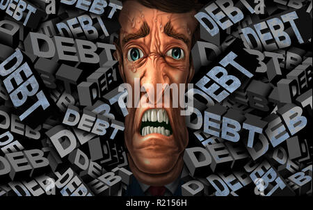Il debito finanziario di stress e denaro problemi di gestione come una persona con il bilancio della pressione del credito come un concetto di business con 3D'illustrazione degli elementi. Foto Stock