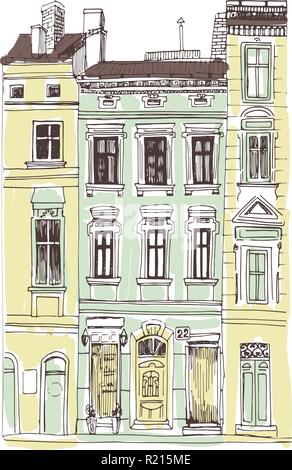 Unione retrò facciata della casa isolata su sfondo bianco. Lviv old town house mano bozzetto. Illustrazione Vettoriale