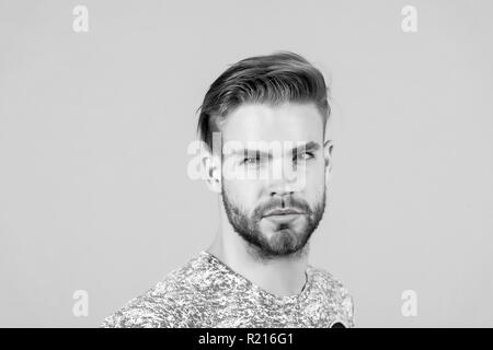 Macho con faccia barbuta, barba. Uomo con capelli biondi, haircut. Toelettatura e cura dei capelli nel salone di bellezza Barbiere. Moda, stile e concetto di tendenza. Foto Stock