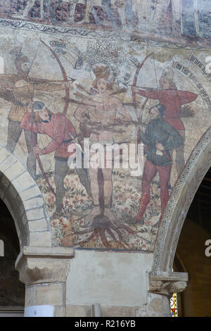 Il martirio di St Edmund: Pitture murali medievali in San Pietro e nella chiesa di San Paolo a Pickering, North Yorkshire Foto Stock