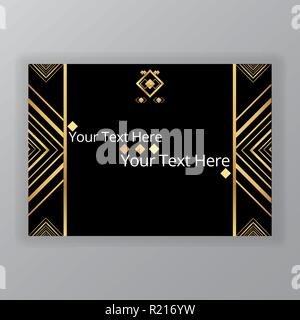 Nero dorato il modello di pagina, menu, biglietto invito, triangoli geometrica in un Art Deco, arte Nuvo stile, sfondo. Illustrazione Vettoriale