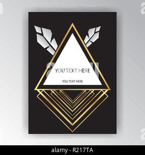 Art Deco americano retrò background nativo per la stampa e il web design flyer, invito alla festa card, geometriche nero dorato e triangolo bianco con feathe Illustrazione Vettoriale