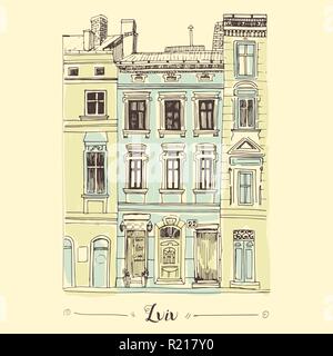 Lviv house mano bozzetto. Unione vecchio edificio di design della Postcard. Illustrazione Vettoriale