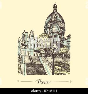 La Basilica del Sacro Cuore di Parigi mano bozzetto. Parigino famoso edificio storico. Montmartre popolare sito turistico. Illustrazione Vettoriale