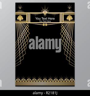 Art Deco modello oro-nero, una pagina A4, menu, biglietto invito,palm e forma in ArtDeco/Arte Nuvo stile, bella bakcground . Illustrazione Vettoriale