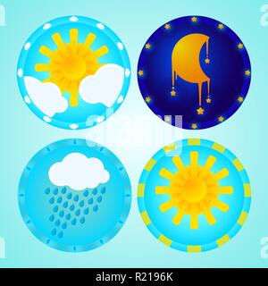 Bambini icone meteo impostato con la luna, il sole e la pioggia nuvole . Cartoon carino set di icone per i bambini e neonati per la stampa e il web decorazione. Illustrazione Vettoriale