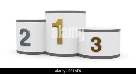 Bianco e grigio podio del cilindro con tre posti di rango, tridimensionale, rendering 3D illustrazione Foto Stock