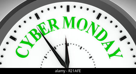 Orologio nero con Cyber Lunedì, tridimensionale, rendering 3D illustrazione Foto Stock