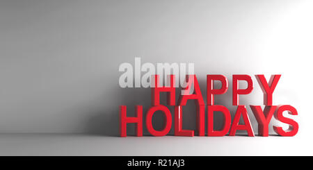 Parole rosse vacanze felici su sfondo grigio, tridimensionale, rendering 3D illustrazione Foto Stock