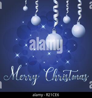 Brillante illustrazione vettoriale di stelle e brilla su sfondo blu con decorazioni di Natale, sfere, scritte a mano Merry Christmas, appassionato per wi Illustrazione Vettoriale