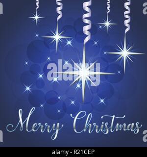 Brillante illustrazione vettoriale di stelle e brilla su sfondo blu con decorazioni di Natale, sfere, scritte a mano Merry Christmas, appassionato per wi Illustrazione Vettoriale