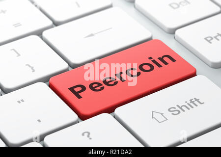 Concetto Blockchain: Peercoin sulla tastiera del computer sullo sfondo Foto Stock