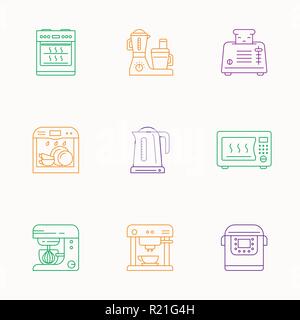 Utensili da cucina ed elettrodomestici icone lineare Illustrazione Vettoriale