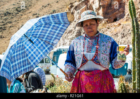 Una donna vestita con un tradizionale vestito peruviano colorato sullo sfondo delle montagne. Perù 2013 Foto Stock