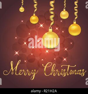 Brillante illustrazione vettoriale di stelle e brilla su sfondo rosso, con decorazioni di Natale, sfere, scritte a mano Merry Christmas, appassionato per vincere Illustrazione Vettoriale