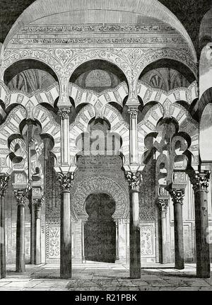España. Andalusia. Córdoba. Interior de la Mezquita. Arcos lobulados en la antesala del mihrab. Dibujo por Vicente Urrabieta. Grabado. Crónica General de España, Historia Ilustrada y Descriptiva de sus Provincias. Andalucía, 1867. Biblioteca Histórico Militar de Barcelona, Cataluña, España. Foto Stock