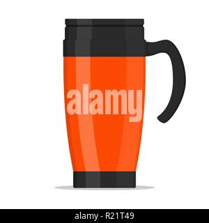 Moderno rosso thermo cup, travel mug, thermos isolati su sfondo bianco. Illustrazione Vettoriale in stile piatto Illustrazione Vettoriale