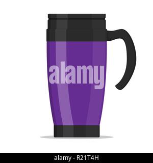 Viola moderna thermo cup, travel mug, thermos isolati su sfondo bianco. Illustrazione Vettoriale in stile piatto Illustrazione Vettoriale