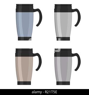 Moderno thermo cup, travel mug, thermos isolati su sfondo bianco, set. Illustrazione Vettoriale in stile piatto Illustrazione Vettoriale