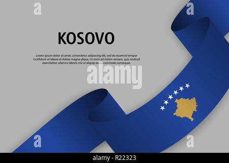 Sventolando nastri con la bandiera del Kosovo, modello per giorno di indipendenza banner. illustrazione vettoriale Illustrazione Vettoriale