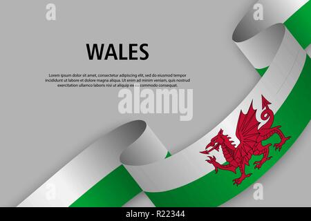Sventolando nastri con la bandiera del Galles, modello per giorno di indipendenza banner. illustrazione vettoriale Illustrazione Vettoriale