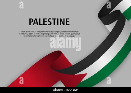 Sventolando nastri con la bandiera della Palestina, modello per giorno di indipendenza banner. illustrazione vettoriale Illustrazione Vettoriale