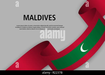 Sventolando nastri con la bandiera delle Maldive, modello per giorno di indipendenza banner. illustrazione vettoriale Illustrazione Vettoriale