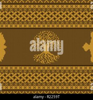 Golden in maglia senza cuciture nazionale celtica ornamento con albero del mondo e raven Illustrazione Vettoriale