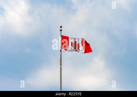 Bandiera canadese con la tradizionale foglia di acero sventolare nel cielo blu di Toronto, Quebec, Canada Foto Stock