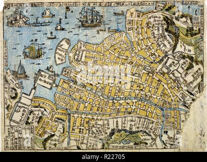 Mappa di Nagasaki. Pubblicato: Giappone 1801 di Kyowa ser. stampa su carta hosho : xilografia stampa giapponese mostra mappa della zona del Porto di Nagasaki. Foto Stock